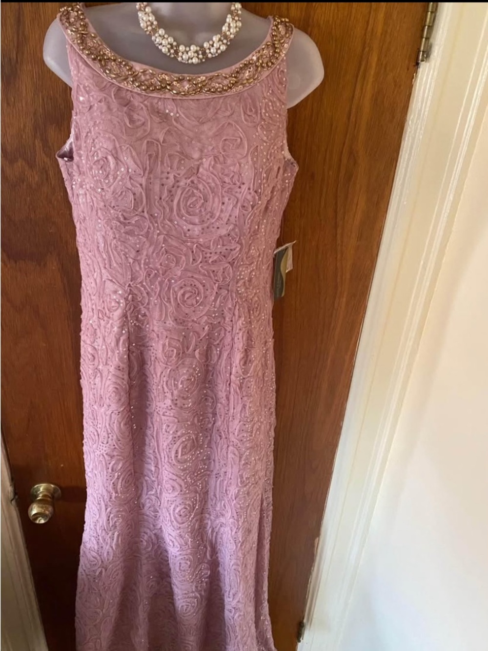 Beaded Rose Pink Maxi Evening Dress with Embellished Neckline